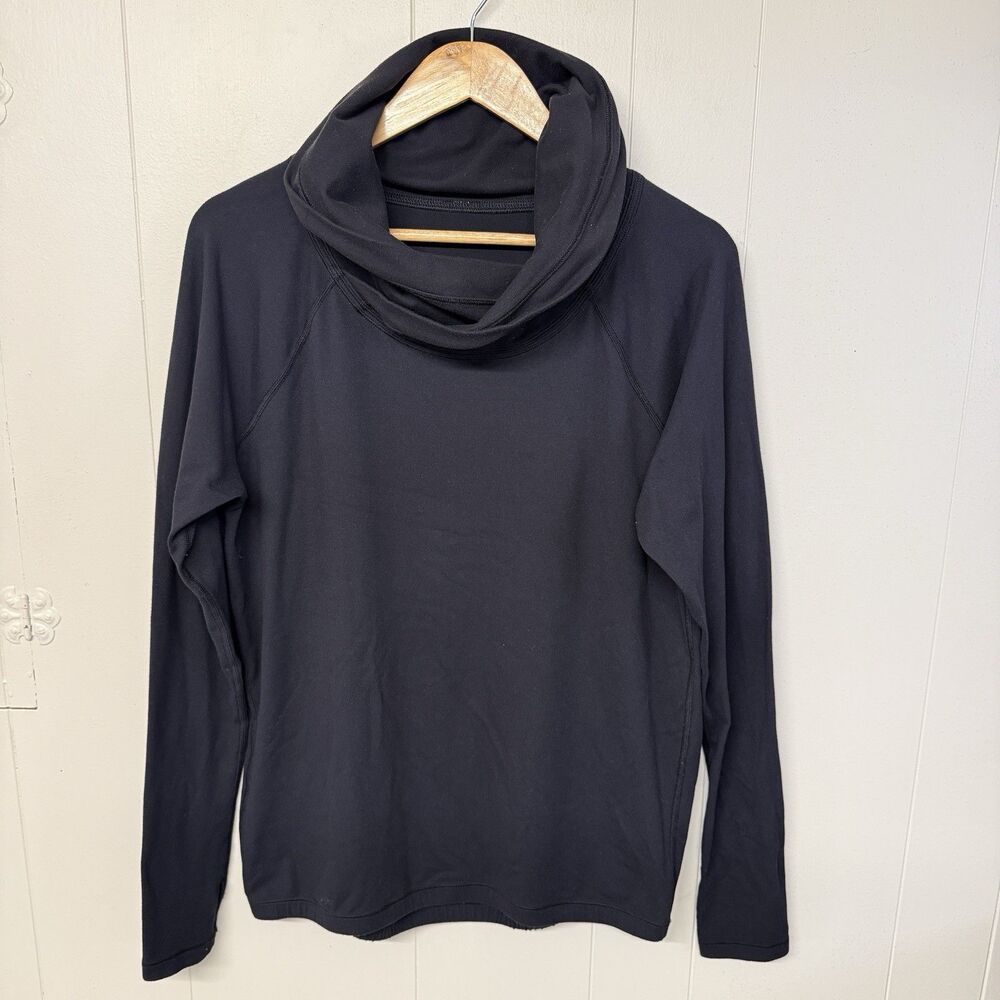 Lululemon Healthy Heart Pullover Top Black Thumbholes Cowl Neck Women L EUC